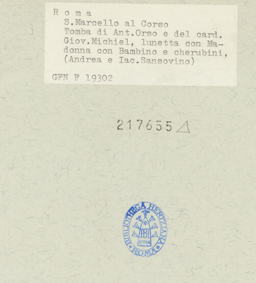 Rückseite von ICCD [https://www.deutsche-digitale-bibliothek.de/content/lizenzen/rv-ez/] Grabmal für Kardinal Giovanni Michiel und Bischof Antonio Orso - Lünette mit Maria lactans und Cherubim, bh217655_recto. Foto.