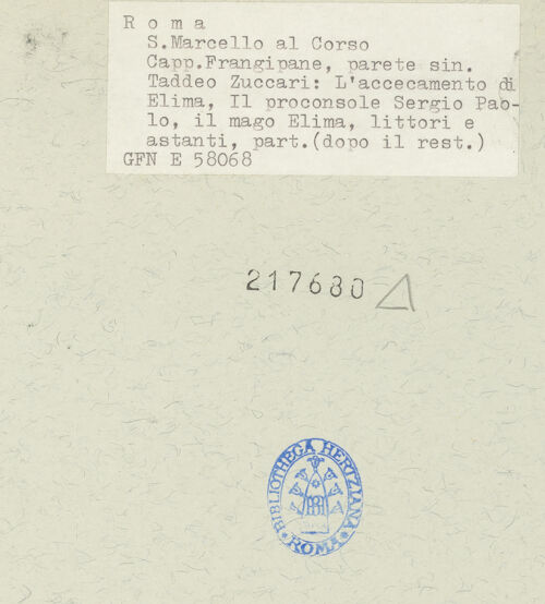 Rückseite von ICCD [https://www.deutsche-digitale-bibliothek.de/content/lizenzen/rv-ez/] Ausstattung der Cappella Frangipane: Zyklus zum Leben des heiligen Paulus, Propheten und weitere SzenenBestrafung des Elymas - Detail: linke Bildhälfte, bh217680_recto. Foto.