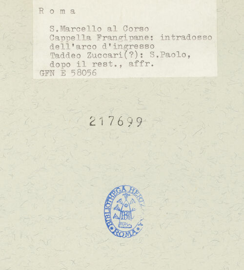 Rückseite von ICCD [https://www.deutsche-digitale-bibliothek.de/content/lizenzen/rv-ez/] Ausstattung der Cappella Frangipane: Zyklus zum Leben des heiligen Paulus, Propheten und weitere SzenenDie heiligen Petrus, Paulus, Johannes und die lateinischen Kirchenväter - Heiliger Paulus, bh217699_recto. Foto.