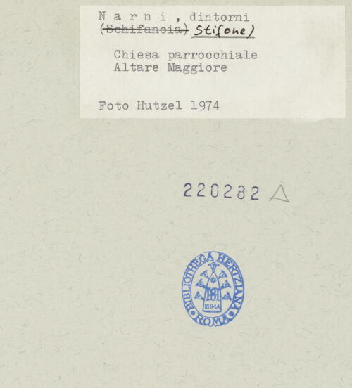 Rückseite von Getty Research Institute? [https://www.deutsche-digitale-bibliothek.de/content/lizenzen/rv-fz/] Marienkrönung mit dem Erzengel Michael, den heiligen Sebastian und Hieronymus sowie einer weiteren Heiligen (Marina?) - , bh220282_recto. Foto: Hutzel, Max.