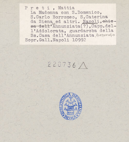 Rückseite von Sopr. BAS NA [https://www.deutsche-digitale-bibliothek.de/content/lizenzen/rv-ez/] Madonna mit Heiligen (Januarius, Thomas von Aquin, Dominicus, Katharina von Siena und Karl Borromäus) - Gesamtansicht, bh220736_recto. Foto.