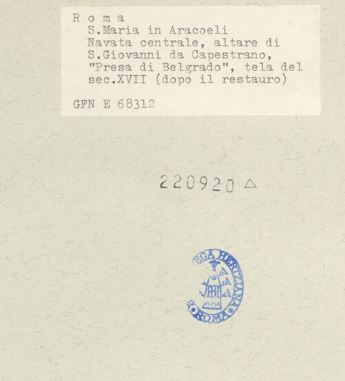 Rückseite von ICCD [https://www.deutsche-digitale-bibliothek.de/content/lizenzen/rv-ez/] Altar des heiligen Johannes von CapestranoDer heilige Johannes von Capestrano - Detail: Einnahme von Belgrad, Aufnahme nach der Restaurierung, bh220920_recto. Foto.