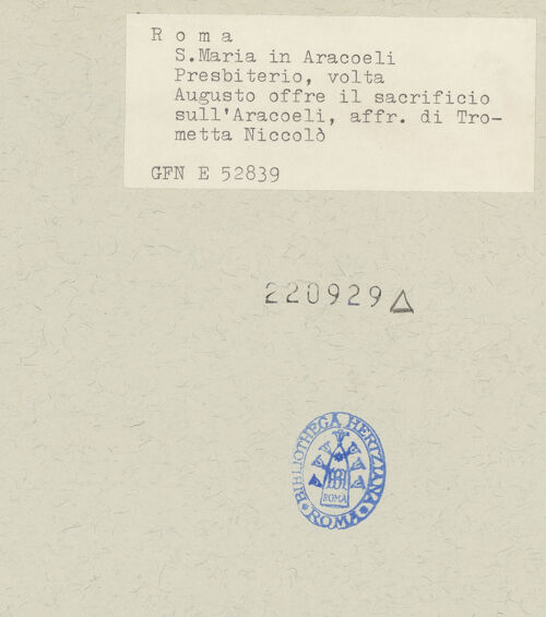 Rückseite von ICCD [https://www.deutsche-digitale-bibliothek.de/content/lizenzen/rv-ez/] GewölbeausmalungAugustus opfert am Altar von Aracoeli - , bh220929_recto. Foto.