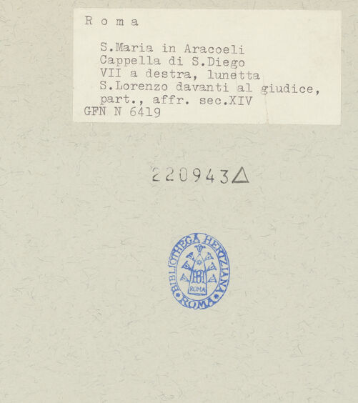 Rückseite von ICCD [https://www.deutsche-digitale-bibliothek.de/content/lizenzen/rv-ez/] Gefangennahme des hl. Laurentius - westliche Lünette, Fresko, Detail: der heilige Laurentius und Soldaten, bh220943_recto. Foto.