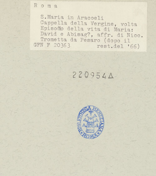 Rückseite von ICCD [https://www.deutsche-digitale-bibliothek.de/content/lizenzen/rv-ez/] Gewölbeausmalung mit Präfigurationen der Jungfräulichkeit MariasAbisag und David ? - Aufnahme nach der Restaurierung 1966, bh220954_recto. Foto.