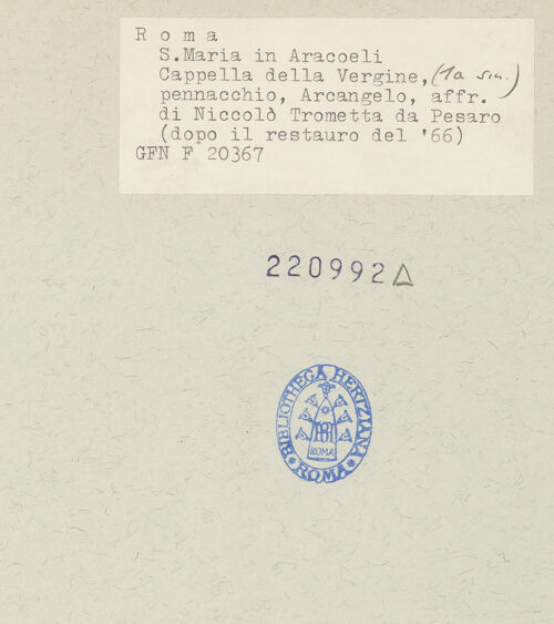 Rückseite von ICCD [https://www.deutsche-digitale-bibliothek.de/content/lizenzen/rv-ez/] Gewölbeausmalung mit Präfigurationen der Jungfräulichkeit MariasEngel in den Pendentifs - Aufnahme nach der Restaurierung 1966, bh220992_recto. Foto.