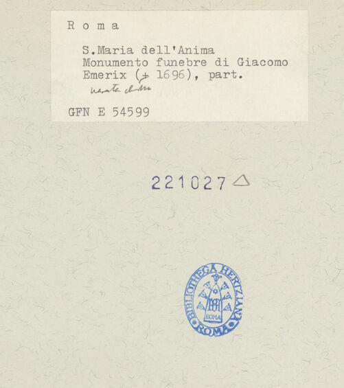 Rückseite von ICCD [https://www.deutsche-digitale-bibliothek.de/content/lizenzen/rv-fz/] Epitaph für Giacomo Emerix de Matthys - Gesamtansicht, bh221027_recto. Foto.