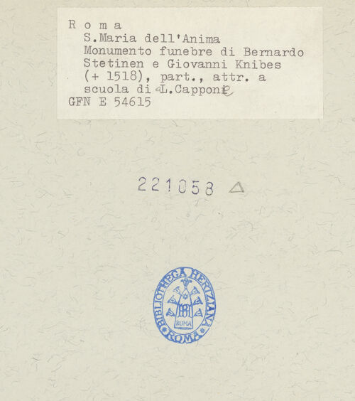 Rückseite von ICCD [https://www.deutsche-digitale-bibliothek.de/content/lizenzen/rv-ez/] Grabmonument des Bernhard Sculteti (Schultheiss) und des Johannes Knybe - Detail: Portraits der beiden Verstorbenen, bh221058_recto. Foto.