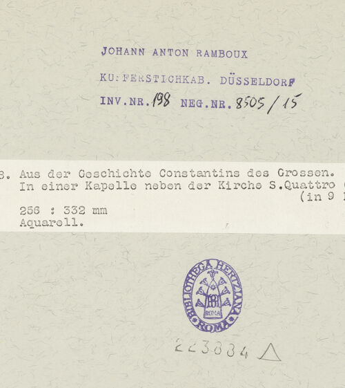 Rückseite von Stiftung Museum Kunstpalast (Graphische Sammlung) [https://www.deutsche-digitale-bibliothek.de/content/lizenzen/rv-ez/] Aus der Geschichte Contantis des Großen. In einer Kapelle neben der Kirche SS. Quatro Coronati in Rom - Gesamtansicht, bh223884_recto. Foto.