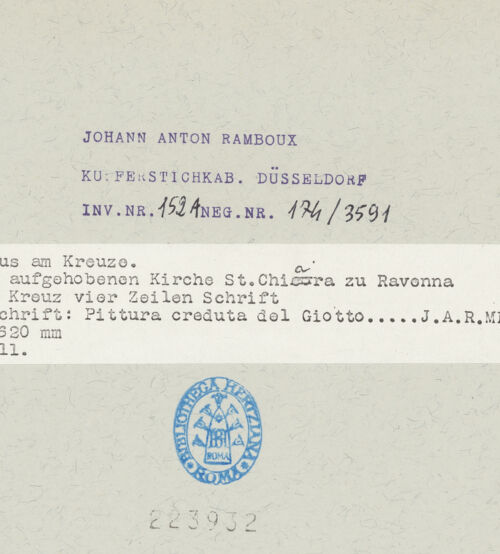 Rückseite von Kupferstichkabinett Düsseldorf [https://www.deutsche-digitale-bibliothek.de/content/lizenzen/rv-ez/] Ravenna, Santa Chiara, Chor (Verkündigung; Kreuzigung) - Gesamtansicht, bh223932_recto. Foto.