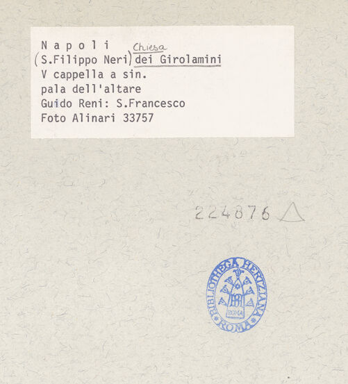 Rückseite von Alinari [https://www.deutsche-digitale-bibliothek.de/content/lizenzen/rv-ez/] Heiliger Franziskus - Gesamtansicht, bh224876_recto. Foto.