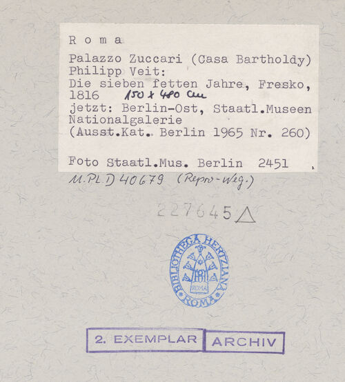 Rückseite von Staatliche Museen zu Berlin [https://www.deutsche-digitale-bibliothek.de/content/lizenzen/rv-ez/] Acht Wandgemälde aus der Casa Bartholdy (Zuccari) in RomDie sieben fetten Jahre (Lunette) - , bh227645_recto. Foto.