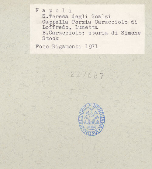 Rückseite von Bibliotheca Hertziana [https://www.deutsche-digitale-bibliothek.de/content/lizenzen/rv-fz/] Episoden aus dem Leben des Seligen Simone Stock oder Episoden aus der Geschichte des KarmeliterordensDer heilige Simon Stock kniet vor einer Vision der Jungfrau Maria und erhält ein Skapulier von ihr - Gesamtansicht, bh227687_recto. Foto: Rigamonti.