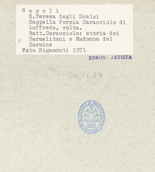 Rückseite von Bibliotheca Hertziana [https://www.deutsche-digitale-bibliothek.de/content/lizenzen/rv-fz/] Madonna del Carmelo und Episoden der Geschichte des Karmeliterordens - Gewölbe, Gesamtansicht, bh227689_recto. Foto: Rigamonti.