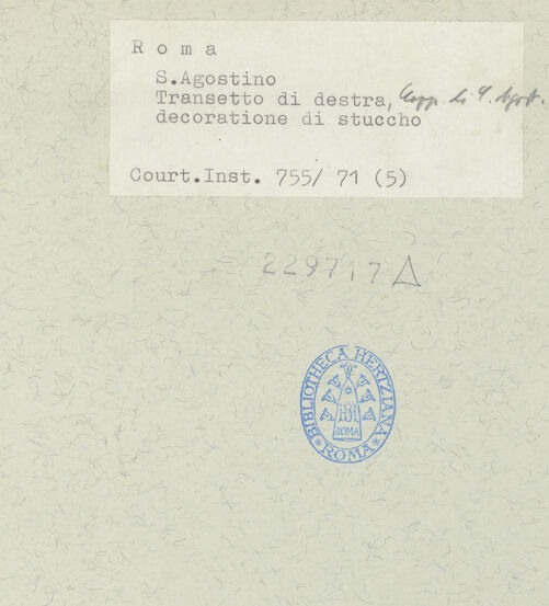 Rückseite von Courtauld Institute [https://www.deutsche-digitale-bibliothek.de/content/lizenzen/rv-ez/] Stuckdekoration mit Tugendenfiguren zwischen Ornamenten - Detail: Religio (?) mit Kirchenmodell, bh229717_recto. Foto.