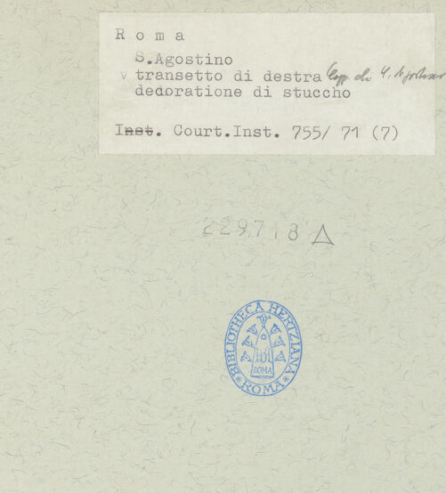 Rückseite von Courtauld Institute [https://www.deutsche-digitale-bibliothek.de/content/lizenzen/rv-ez/] Stuckdekoration mit Tugendenfiguren zwischen Ornamenten - Detail: Fides mit Hostie, bh229718_recto. Foto.