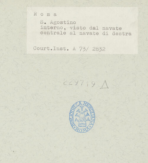 Rückseite von Courtauld Institute [https://www.deutsche-digitale-bibliothek.de/content/lizenzen/rv-ez/] Sant'Agostino - Mittelschiff zum linken Seitenschiff (nach Südwesten), bh229719_recto. Foto.