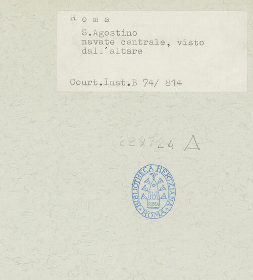 Rückseite von Courtauld Institute [https://www.deutsche-digitale-bibliothek.de/content/lizenzen/rv-ez/] Sant'Agostino - Blick Richtung Eingangswand und linkes Seitenschiff, bh229724_recto. Foto.