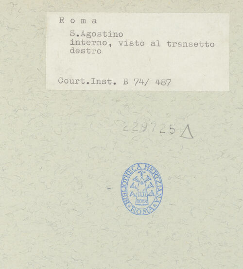 Rückseite von Courtauld Institute [https://www.deutsche-digitale-bibliothek.de/content/lizenzen/rv-ez/] Sant'AgostinoRechter östlicher Querschiffarm - Blick vom linken Seitenschiff, bh229725_recto. Foto.