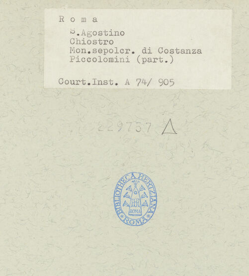 Rückseite von Courtauld Institute [https://www.deutsche-digitale-bibliothek.de/content/lizenzen/rv-ez/] Grabmal der Costanza Ammanati-Piccolomini (+1477)Mittelnische: Segnender Christus und Engel, flankiert von zwei Propheten - oberer Teil, bh229757_recto. Foto.