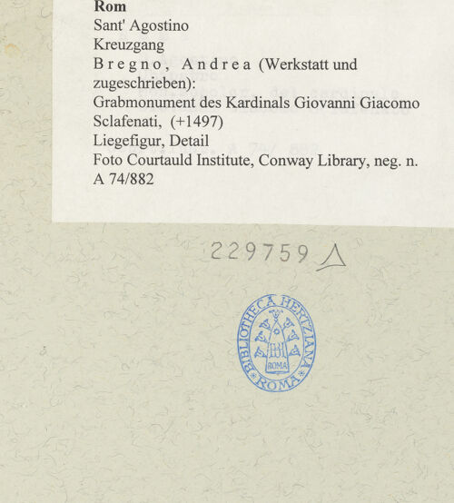 Rückseite von Courtauld Institute, Conway Library [https://www.deutsche-digitale-bibliothek.de/content/lizenzen/rv-ez/] Grabmonument des Kardinals Giovanni Giacomo Sclafenati (+1497) - Liegefigur, Detail, bh229759_recto. Foto.