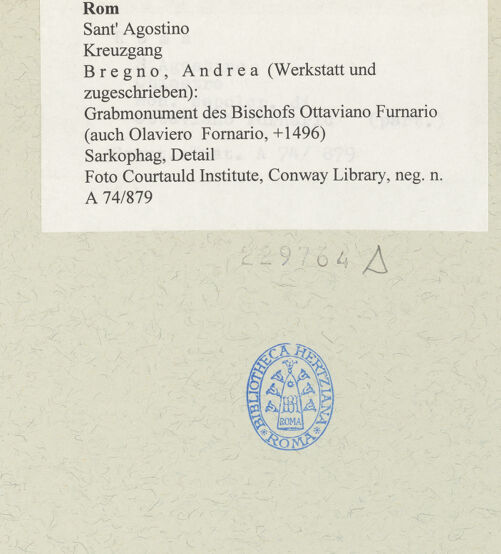 Rückseite von Courtauld Institute, Conway Library [https://www.deutsche-digitale-bibliothek.de/content/lizenzen/rv-ez/] Grabmonument des Bischofs Ottaviano Furnario (auch Olaviero Fornario, +1496) - Sarkophag, Detail, bh229764_recto. Foto.
