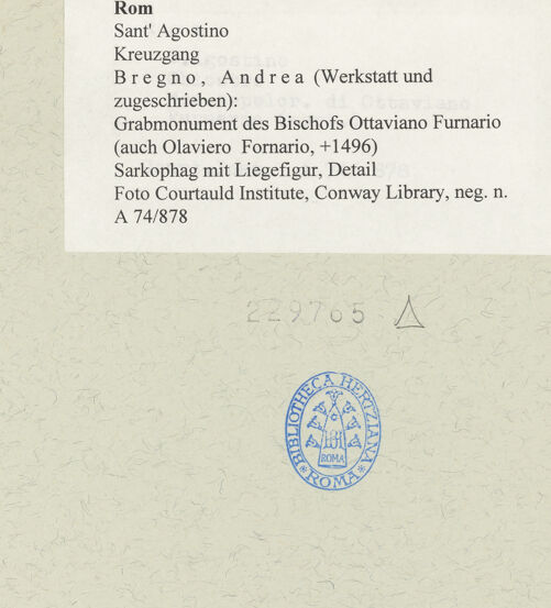 Rückseite von Courtauld Institute, Conway Library [https://www.deutsche-digitale-bibliothek.de/content/lizenzen/rv-ez/] Grabmonument des Bischofs Ottaviano Furnario (auch Olaviero Fornario, +1496) - Sarkophag mit Liegefigur, Detail, bh229765_recto. Foto.