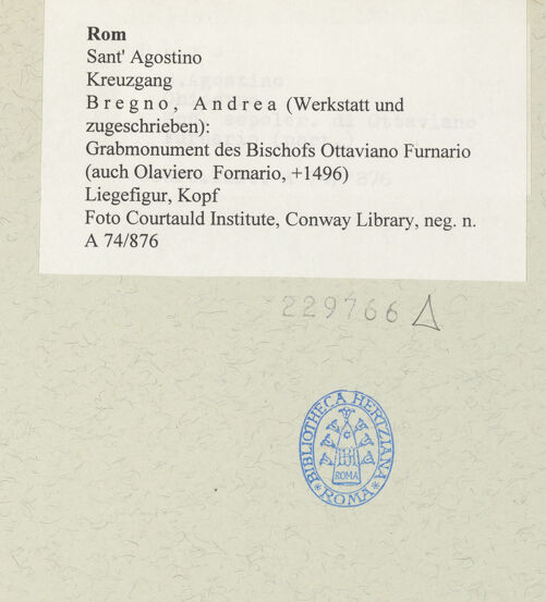 Rückseite von Courtauld Institute, Conway Library [https://www.deutsche-digitale-bibliothek.de/content/lizenzen/rv-ez/] Grabmonument des Bischofs Ottaviano Furnario (auch Olaviero Fornario, +1496) - Liegefigur, Kopf, bh229766_recto. Foto.