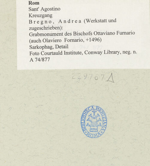 Rückseite von Courtauld Institute, Conway Library [https://www.deutsche-digitale-bibliothek.de/content/lizenzen/rv-ez/] Grabmonument des Bischofs Ottaviano Furnario (auch Olaviero Fornario, +1496) - Sarkophag, Detail, bh229767_recto. Foto.