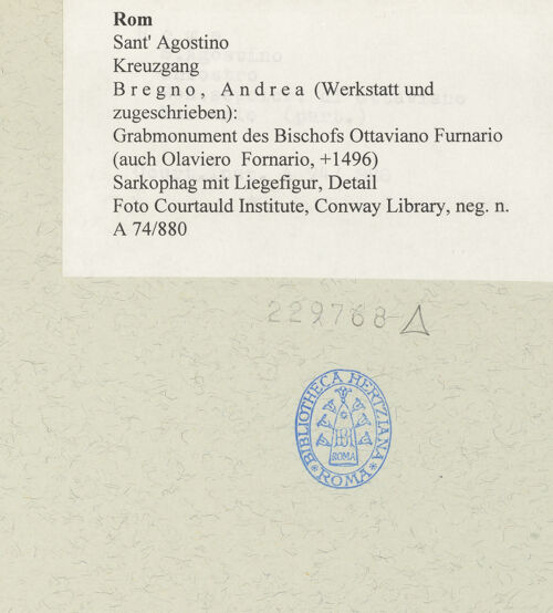 Rückseite von Courtauld Institute, Conway Library [https://www.deutsche-digitale-bibliothek.de/content/lizenzen/rv-ez/] Grabmonument des Bischofs Ottaviano Furnario (auch Olaviero Fornario, +1496) - Sarkophag mit Liegefigur, Detail, bh229768_recto. Foto.