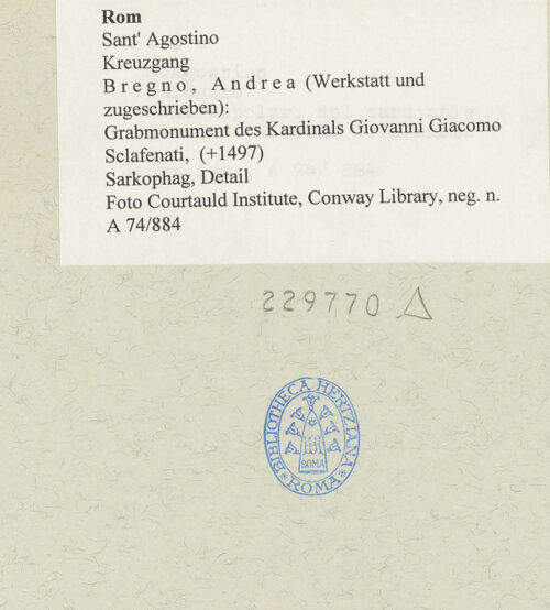 Rückseite von Courtauld Institute, Conway Library [https://www.deutsche-digitale-bibliothek.de/content/lizenzen/rv-ez/] Grabmonument des Kardinals Giovanni Giacomo Sclafenati (+1497) - Sarkophag, Detail, bh229770_recto. Foto.