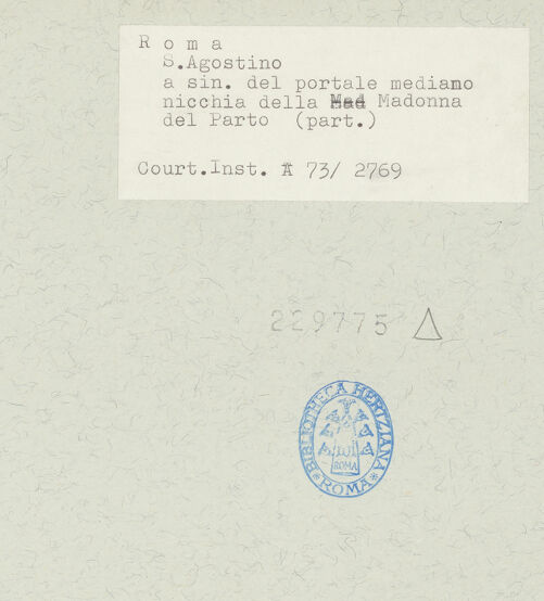 Rückseite von Courtauld Institute [https://www.deutsche-digitale-bibliothek.de/content/lizenzen/rv-ez/] Madonna del Parto - Ädikula, rechter Zwickel, Detail: Viktorie, bh229775_recto. Foto.