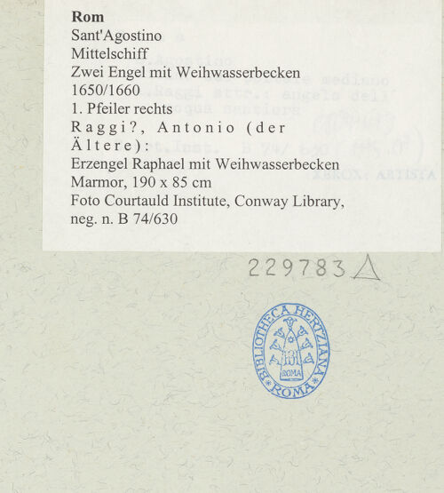 Rückseite von Courtauld Institute, Conway Library [https://www.deutsche-digitale-bibliothek.de/content/lizenzen/rv-ez/] Zwei Engel mit WeihwasserbeckenErzengel Raphael mit Weihwasserbecken - , bh229783_recto. Foto.