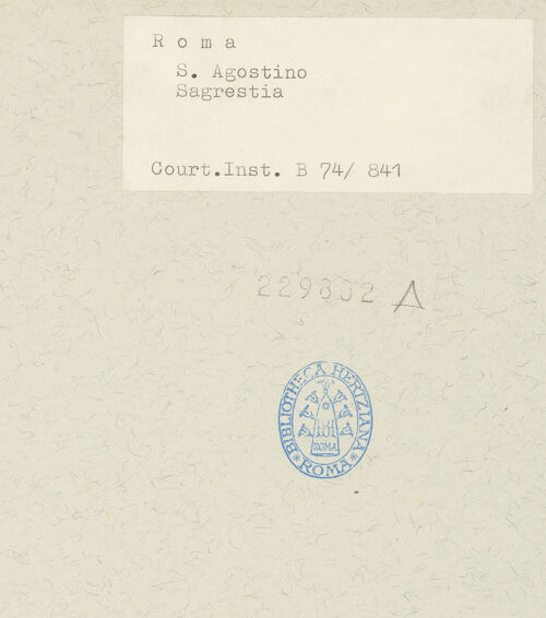 Rückseite von Courtauld Institute [https://www.deutsche-digitale-bibliothek.de/content/lizenzen/rv-ez/] Sant'AgostinoSakristei - Eingangswand und Seitenwand mit Gestühl, bh229802_recto. Foto.