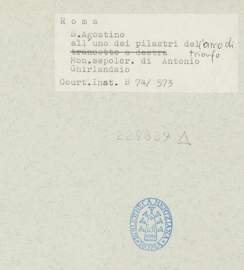 Rückseite von Courtauld Institute [https://www.deutsche-digitale-bibliothek.de/content/lizenzen/rv-ez/] Grabmal für Antonio Ghirlandaio (gest. 1669), apostolischer Protonotar - Gesamtansicht, bh229809_recto. Foto.