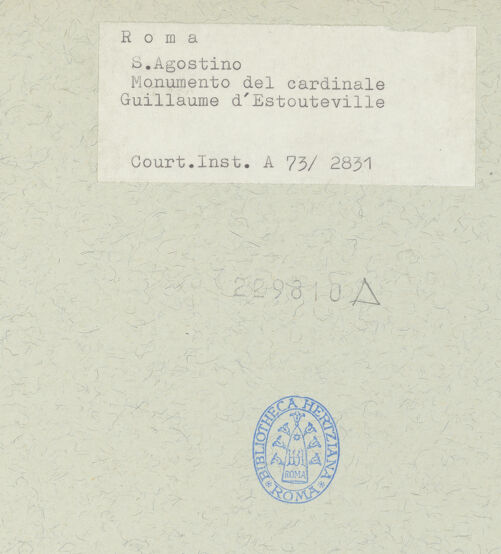 Rückseite von Courtauld Institute [https://www.deutsche-digitale-bibliothek.de/content/lizenzen/rv-ez/] Büste und Inschrift zur Erinnerung an Guglielmo d'Estouteville - Detail: Büste, bh229810_recto. Foto.