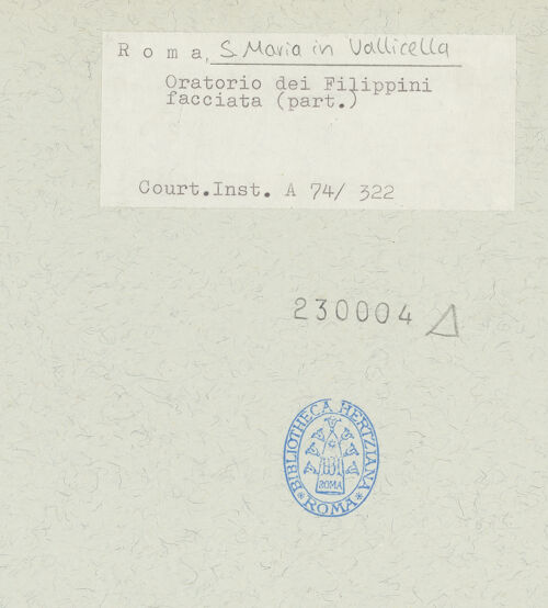 Rückseite von Courtauld Institute [https://www.deutsche-digitale-bibliothek.de/content/lizenzen/rv-ez/] Santa Maria in VallicellaOratorio di San Filippo Neri - Fassade, Detail: Mittelachse, Portal, Kapitell und Gebälk, bh230004_recto. Foto.