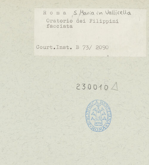 Rückseite von Courtauld Institute [https://www.deutsche-digitale-bibliothek.de/content/lizenzen/rv-ez/] Santa Maria in VallicellaOratorio di San Filippo Neri - Fassade, bh230010_recto. Foto.