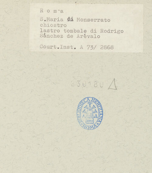 Rückseite von Courtauld Institute [http://creativecommons.org/publicdomain/mark/1.0/] Grabmal des Bischofs Rodrigo Sánchez de Arévalo (+1464)Grabplatte - Gesamtansicht Grabplatte, bh230180_recto. Foto.