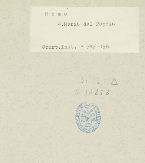 Rückseite von Courtauld Institute [https://www.deutsche-digitale-bibliothek.de/content/lizenzen/rv-ez/] Santa Maria del PopoloCappella Chigi - Blick aus dem Seitenschiff in die Kapelle, bh230253_recto. Foto.