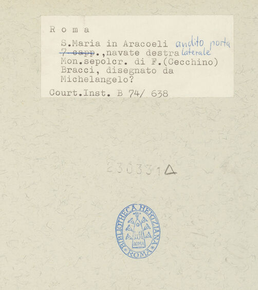 Rückseite von Courtauld Institute [https://www.deutsche-digitale-bibliothek.de/content/lizenzen/rv-ez/] Grabmal von Cecchino Bracci - Gesamtaufnahme, bh230331_recto. Foto.