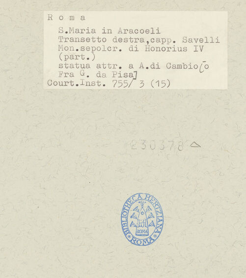 Rückseite von Courtauld Institute [https://www.deutsche-digitale-bibliothek.de/content/lizenzen/rv-ez/] Grabmal von Papst Honorius IV. - Gisant, Detail: Kopf, bh230378_recto. Foto.