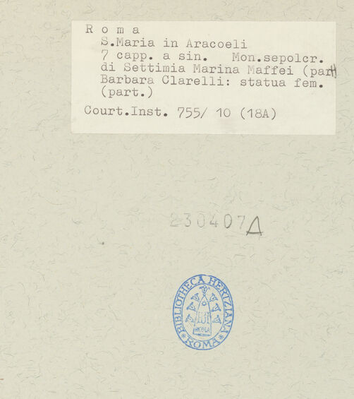 Rückseite von Courtauld Institute [https://www.deutsche-digitale-bibliothek.de/content/lizenzen/rv-ez/] Grabmal für Settima Marina Maffei (gestorben 1822) - Detail, weibliche Statue, bh230407_recto. Foto.