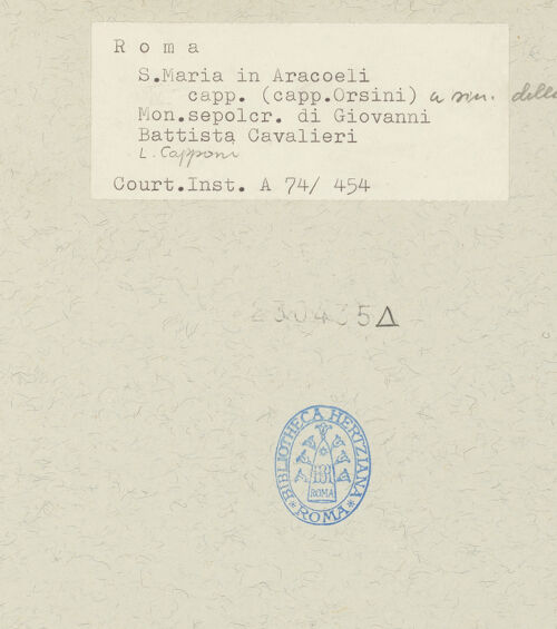 Rückseite von Courtauld Institute [https://www.deutsche-digitale-bibliothek.de/content/lizenzen/rv-ez/] Grabmal von Giovanni Battista Cavalieri (gestorben 1507) - Gesamtansicht, bh230435_recto. Foto.