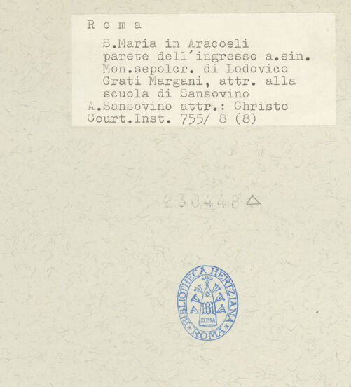 Rückseite von Courtauld Institute [https://rightsstatements.org/page/CNE/1.0/] Grabmal für den Astronomen Lodovico Grato Margani (gest. 1520)Christusfigur - Ansicht mit Sockel von links, bh230448_recto. Foto.