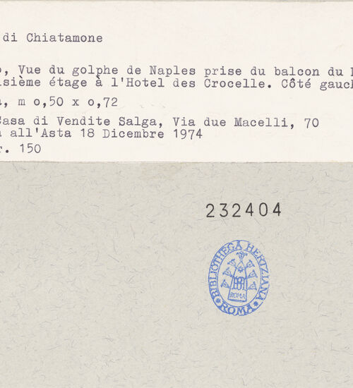 Rückseite von unbekannt [https://www.deutsche-digitale-bibliothek.de/content/lizenzen/rv-ez/] Casina di Chiatamonte (Vue du Golfe de Naples prise du balcon du n.6 au troisieme étage à l'Hotel des Crocelle. Coté gauche) - Gesamtansicht, bh232404_recto. Foto.