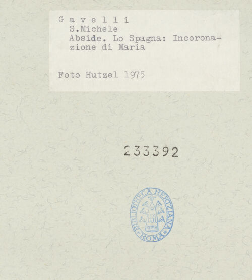 Rückseite von Getty Research Institute [https://www.deutsche-digitale-bibliothek.de/content/lizenzen/rv-ez/] Marienkrönung, Darstellungen des Erzengels Michael und HeiligeMarienkrönung, Evangelisten und Kirchenväter - Gesamtansicht der Apsiskalotte, bh233392_recto. Foto: Hutzel, Max.