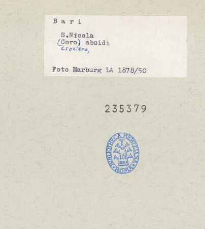 Rückseite von Foto Marburg [https://www.deutsche-digitale-bibliothek.de/content/lizenzen/rv-ez/] San NicolaQuerhaus und Apsiden - Kuppel (Vierung), Hauptapsis und Nordapsis, bh235379_recto. Foto.