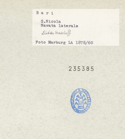 Rückseite von Foto Marburg [https://www.deutsche-digitale-bibliothek.de/content/lizenzen/rv-ez/] San NicolaSüdseitenschiff - Seitenansicht der Südwand von Nordwesten, bh235385_recto. Foto.