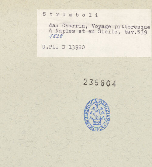Rückseite von Bibliotheca Hertziana [https://www.deutsche-digitale-bibliothek.de/content/lizenzen/rv-fz/] Voyage pittoresque ou description des royaumes de Naples et de Sicile. 4 Bde. Nouvelle éd. / corrigée, augmentée, mise dans un meilleur ordre par P. J. CharrinVue du Stromboli dans la partie opposée au Nordest - Gesamtansicht, bh235804_recto. Foto.